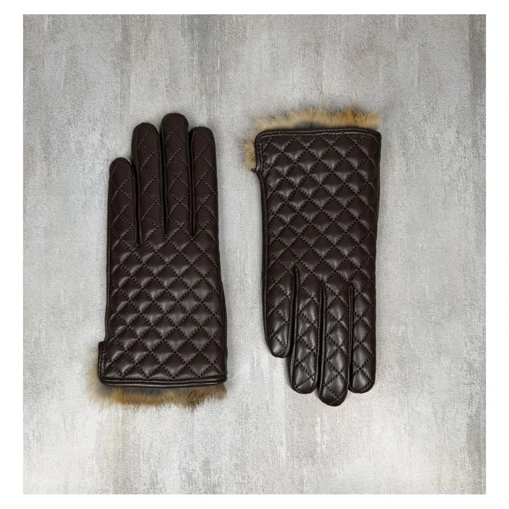 Brown Quilted Leather Gloves with Real Rabbit Fur Trim Small Chocolate Winter